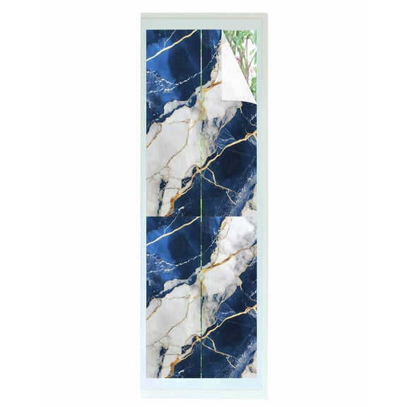 Window Privacy Film Marble Navy Blue Stained Glass Window Film Decorative Sun Block Window Cover Abstract Gold White Brick Stone Motif Window Clings Static Adhesive Sticker for Bathroom 17.7"x78.7"