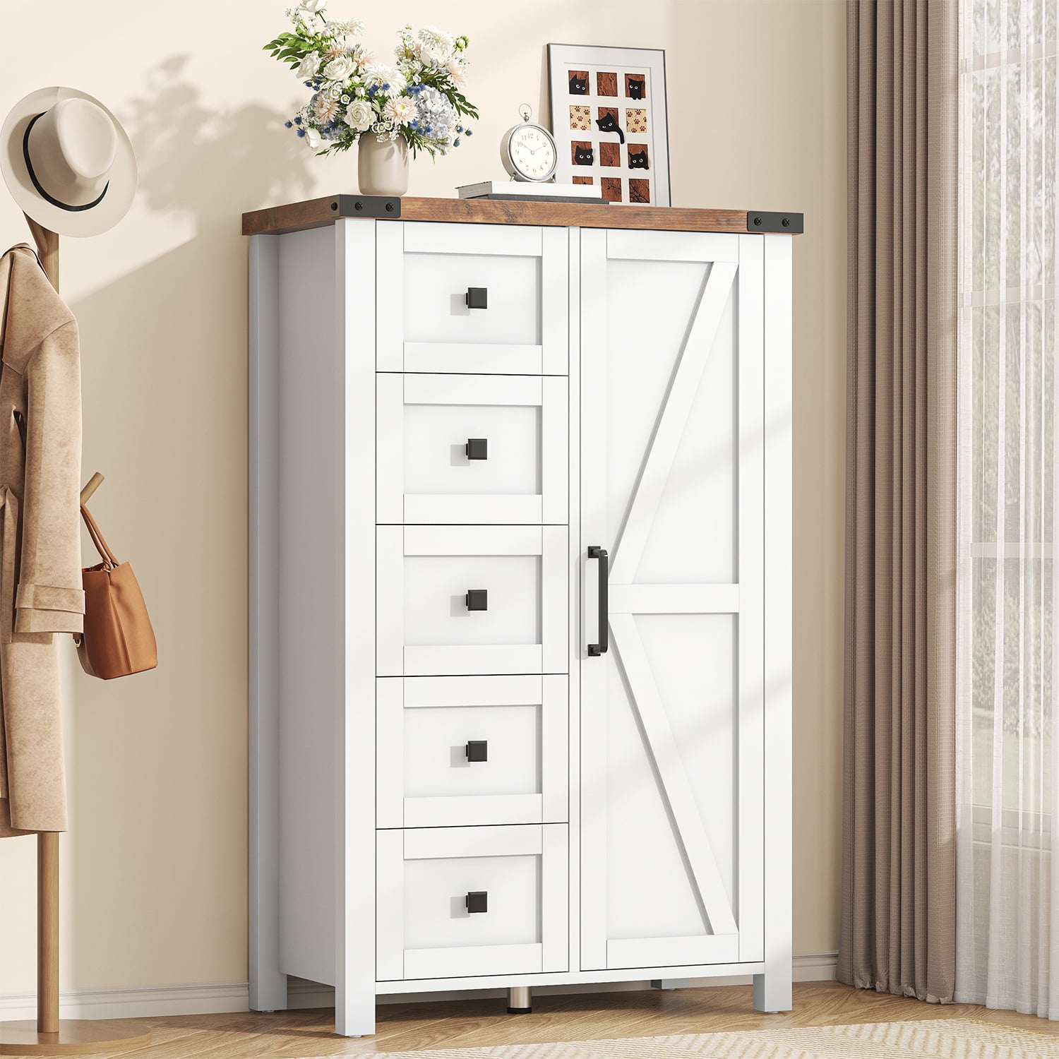 VVFLU Farmhouse 5 Drawer Dresser Storage Cabinet Chest of Drawer for Bedroom, 48" Tall White Wood
