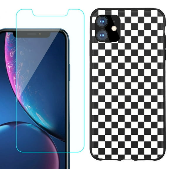 For Apple iPhone 11 Phone Case , Slim-Fit TPU Protective Case (Black), with Tempered Glass Screen Protector, by OneToughShield ® - Checker B/W