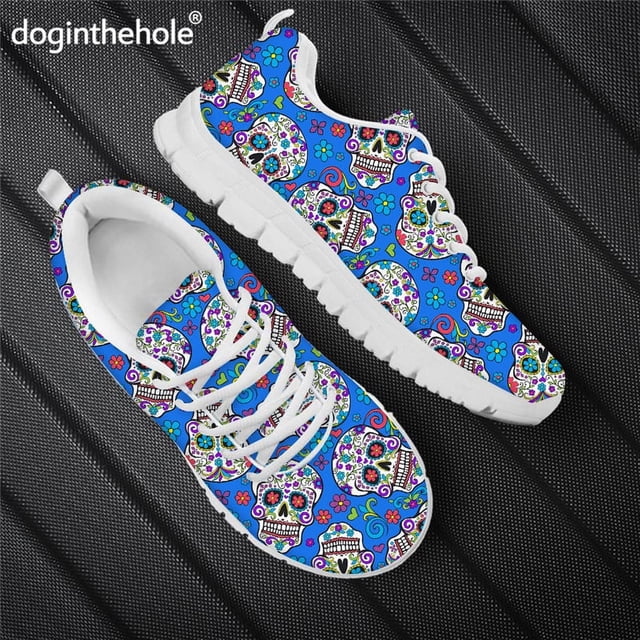 Zapatillas deportivas informales con estampado de calavera de azúcar de Doginthehole para mujer, zapatos planos con cordones para exteriores, calzado para caminar para mujer