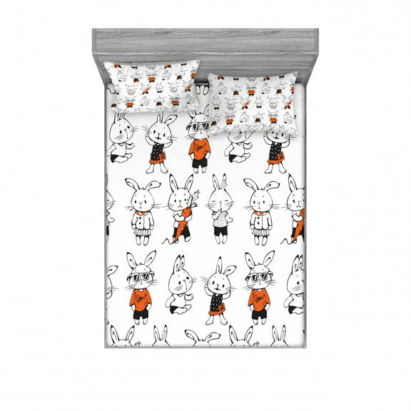 Funny Fitted Sheet & Pillow Sham Set, Retro Bunny Rabbits with Costumes Jack Hare Funky Bunnies Carrot Sketch Style, Decorative Printed 3 Piece Bedding Decor Set, Full, Orange White, by Ambesonne