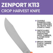 Zenport K113 Crop Harvest Knife, 6.75 Inch Stainless Steel Blade, Orange
