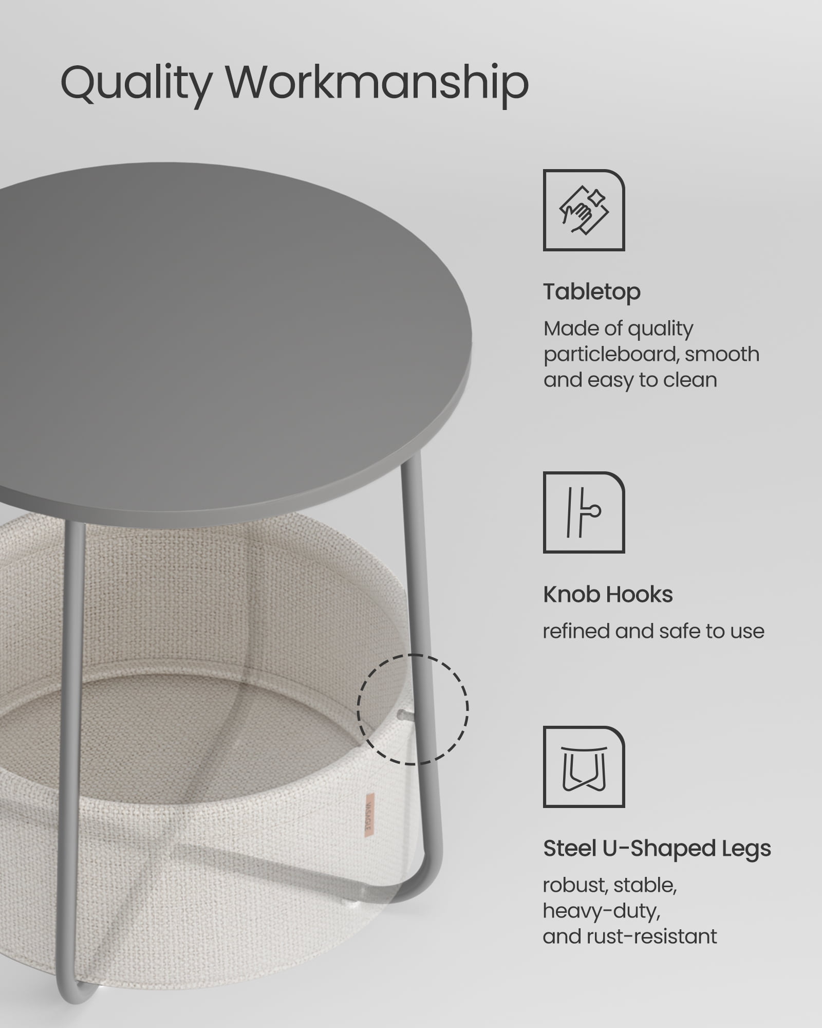 Round End Side Table with Fabric Storage Basket Bedside Table Nightstand for Living Room Bedroom Dove Gray Classic White