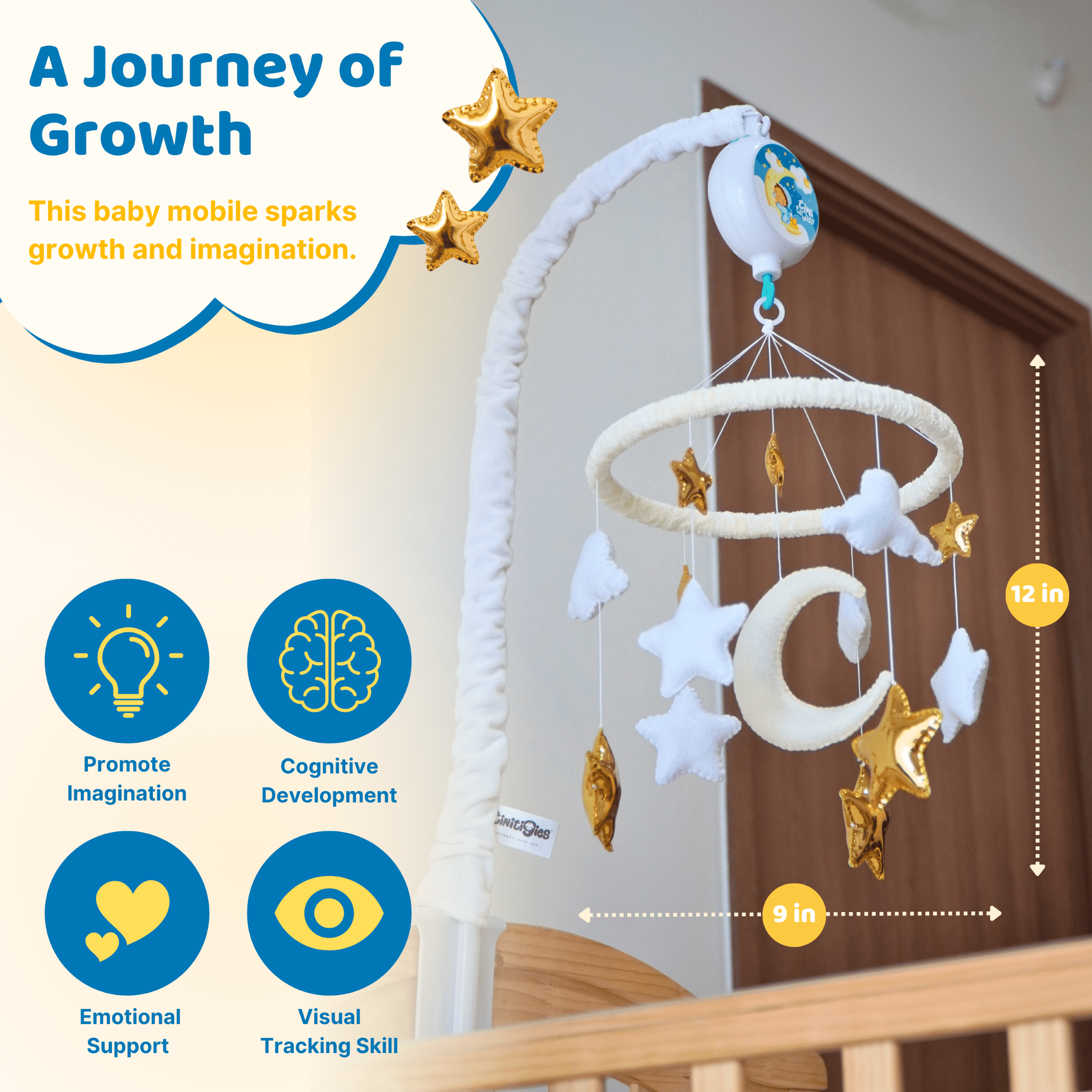 TINITIGIES Star & Moon Baby Crib Mobile with Music Box – Handmade Felt Nursery Mobile, 12 Piano Lullabies, Golden Star Theme for Visual & Cognitive Development