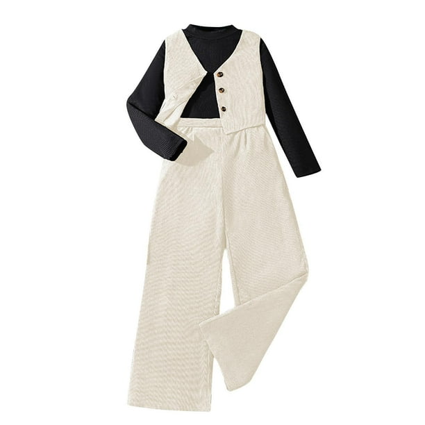 Odeerbi 7-12 Años Niñas Conjunto de Algodón Tejido de Canalé Tops de Manga Larga Pantalones de Pata Ancha Chaleco Conjunto de Tres Piezas