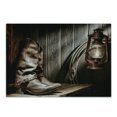 thumbnail image 1 of Western Cutting Board, Cowboys and Lantern on a Dallas Bench in Vintage Ranch Nostalgic Folkloric Photograph, Decorative Tempered Glass Cutting and Serving Board, Small Size, Brown, by Ambesonne, 1 of 1