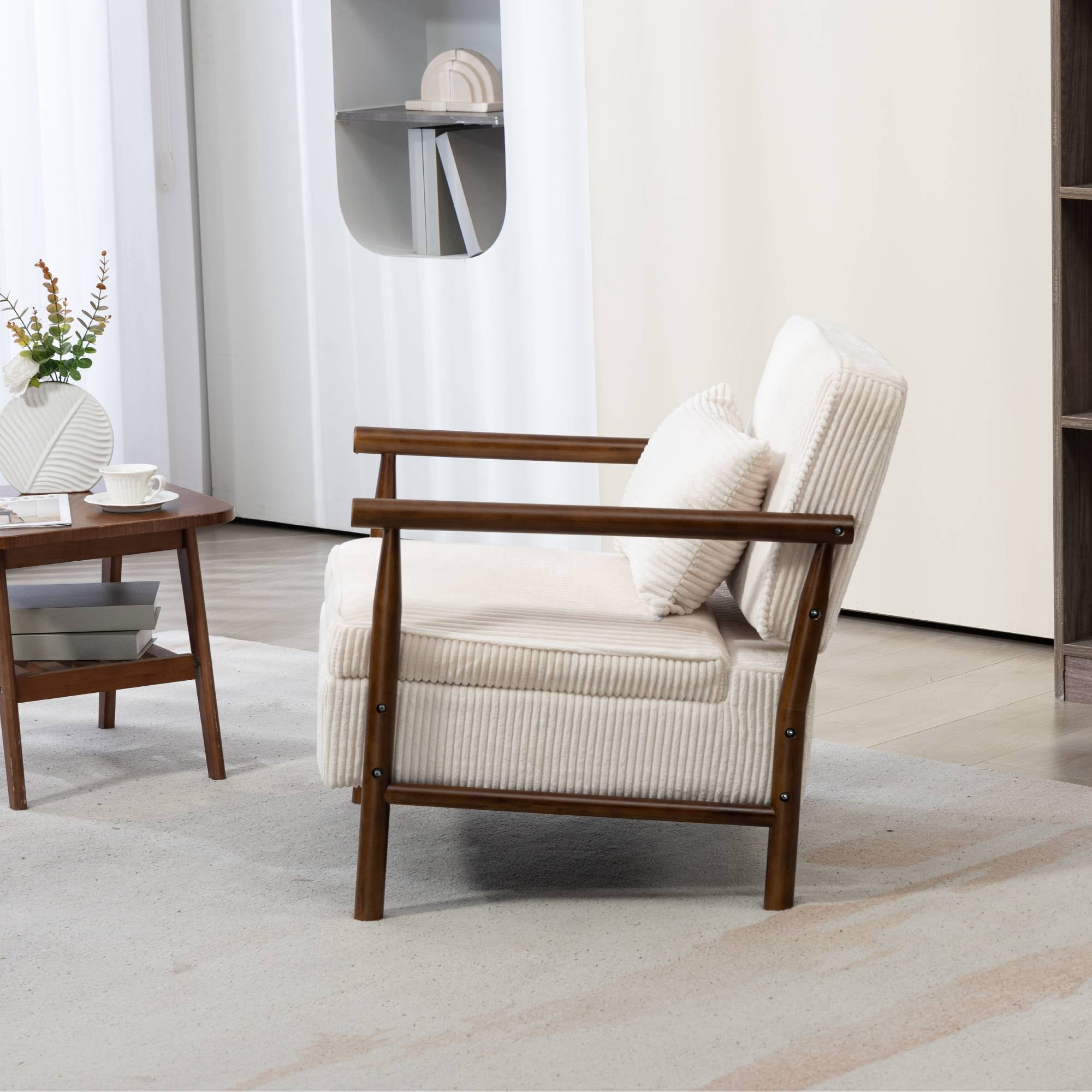 Mid-Century Accent Chair with Wood Frame, Modern Comfy Reading Armchair with Lumbar Pillow for Living Room, White