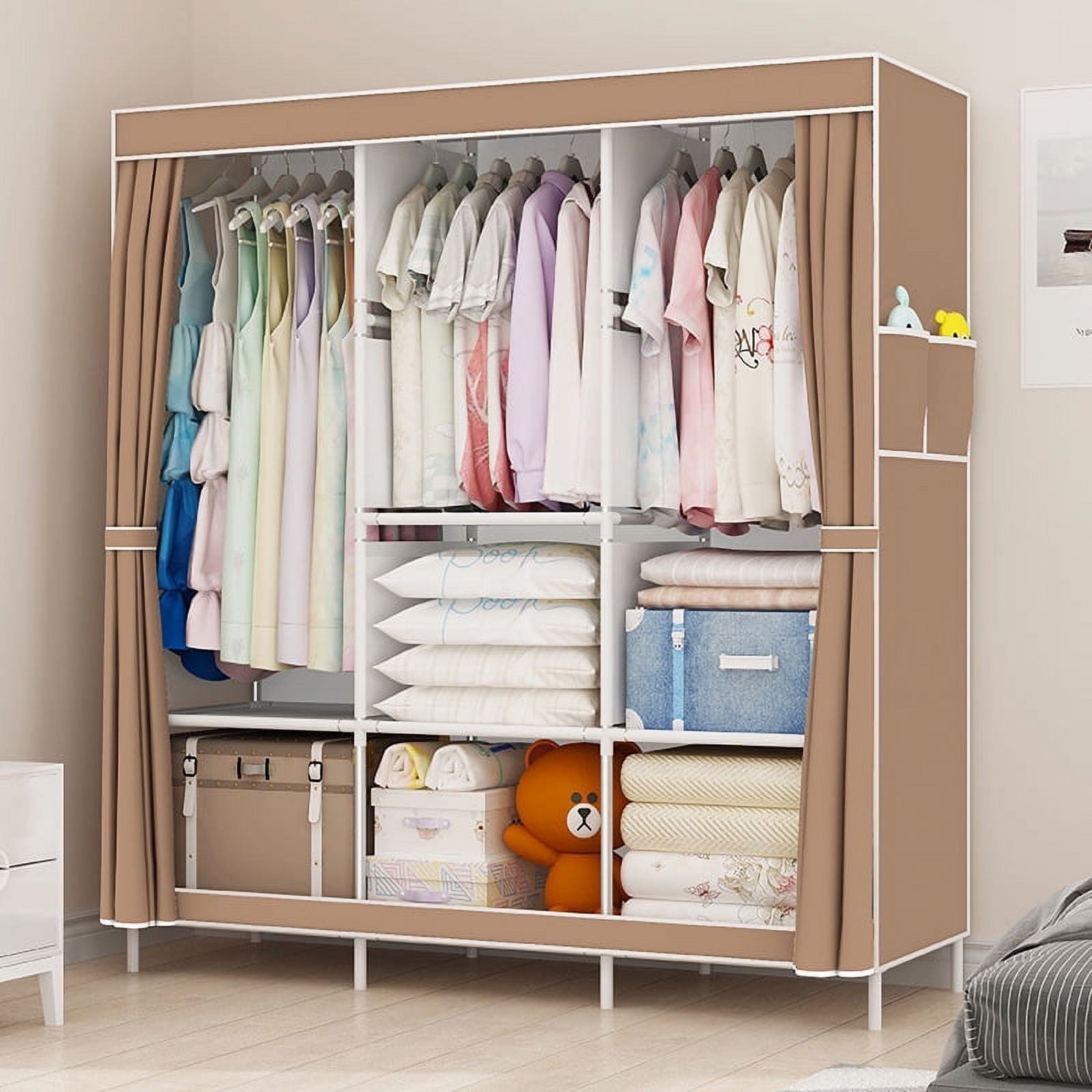 Clothes Organizer with 3 Hanging Rod Portable Closet with 7 Shelves& Cover Closet Organizer Clothes Rack Standing Closet Clothes Storage Wardrobe Garment Cabinet 50x17x67inch