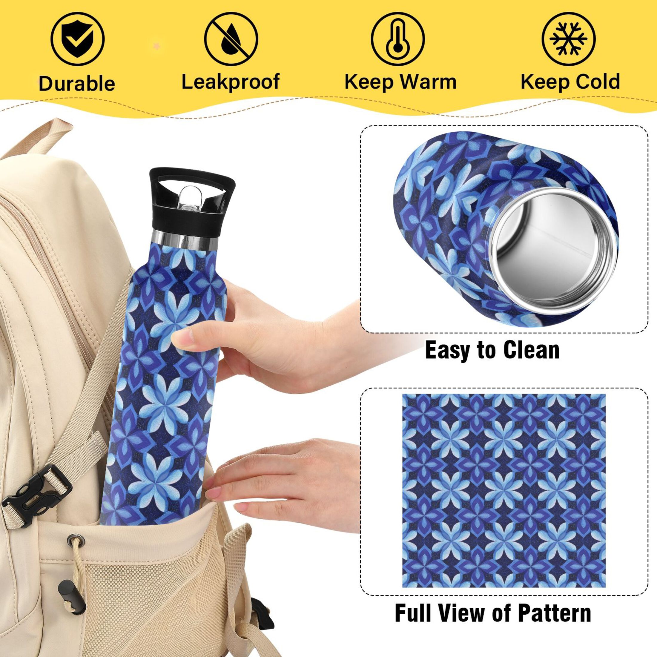 600ML Stainless Steel Insulated Cup Sports Water Bottle Portable Thermos Cup Water Glasses Insulated Tumblers Convenient and Durable Beautiful Dark Blue Pattern