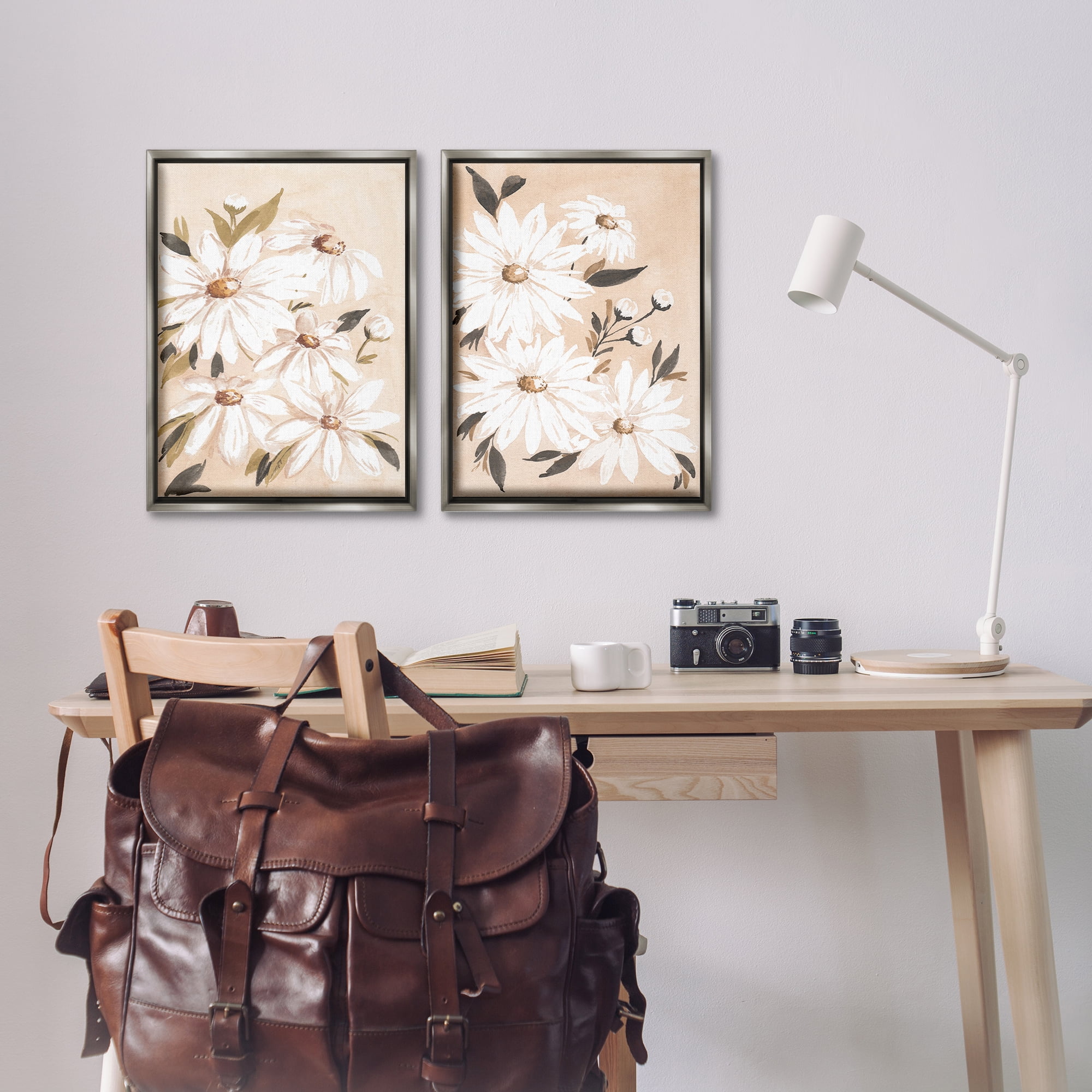Stupell Industries White Daises on Peach Plants & Flowers Painting Gray Floater Framed Canvas Art Print Wall Art, 17 x 25, Set of 2