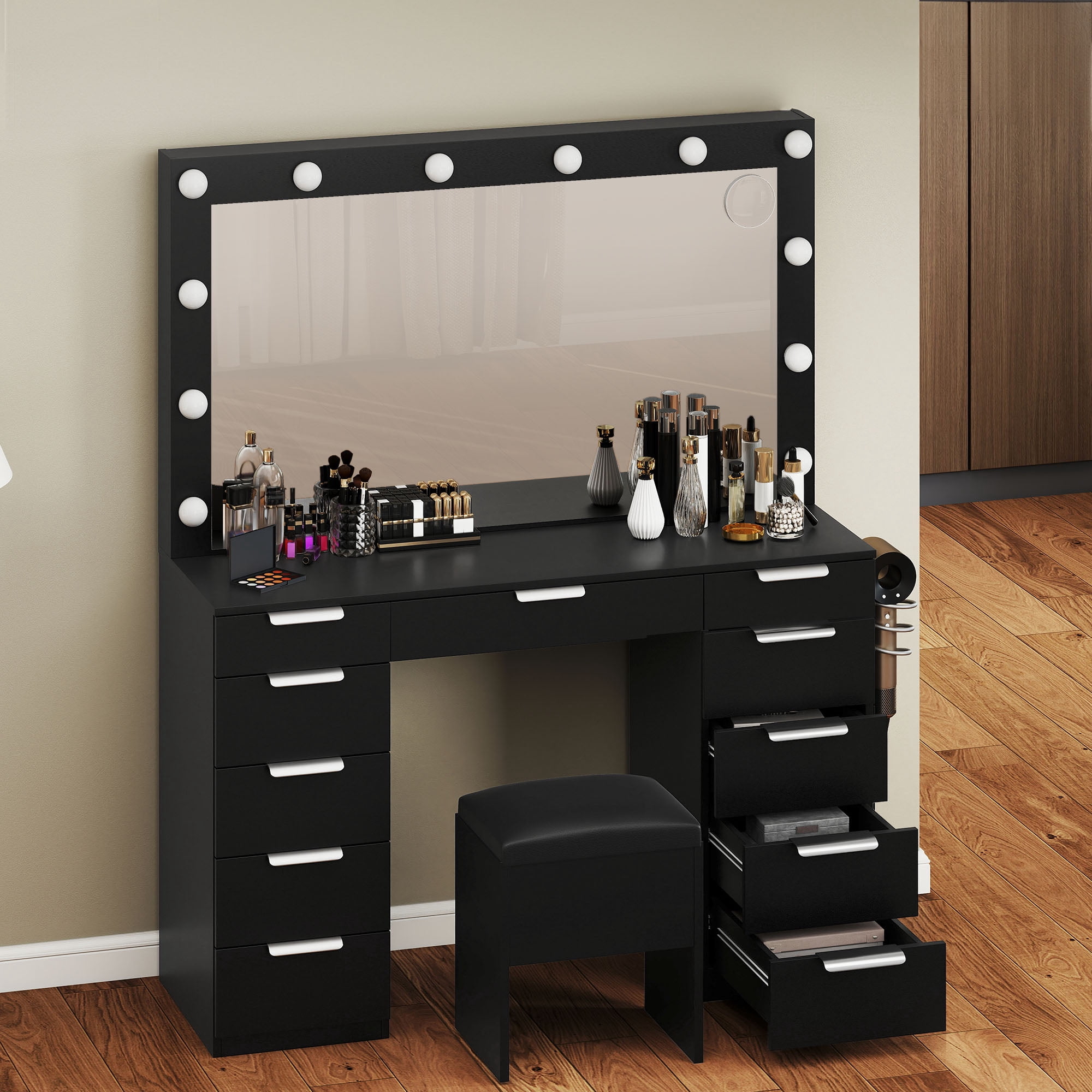Uforic Vanity Desk with 12-Bulb Mirror, Charging Ports, 11 Drawers, Hair Dryer Holder, Storage Stool, White