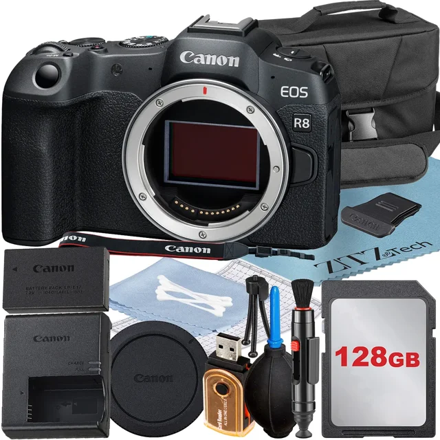 Canon EOS R8 Mirrorless Camera (Body) with 4K Video + 128GB Memory Card + Case + ZeeTech Accessory Bundle