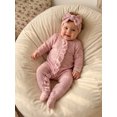thumbnail image 6 of RUINIXCW Newborn Baby Girl Spring Fall Winter Clothes Outfit Knitted Footed Romper Long Sleeve Crew Neck Frills Zipped Footie Jumpsuit and Headband, 6 of 9