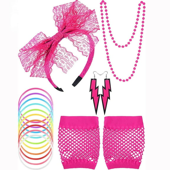 KAWELL Women's 80s Lace Headband, Earrings, Fishnet Gloves, Necklace, and Bracelet