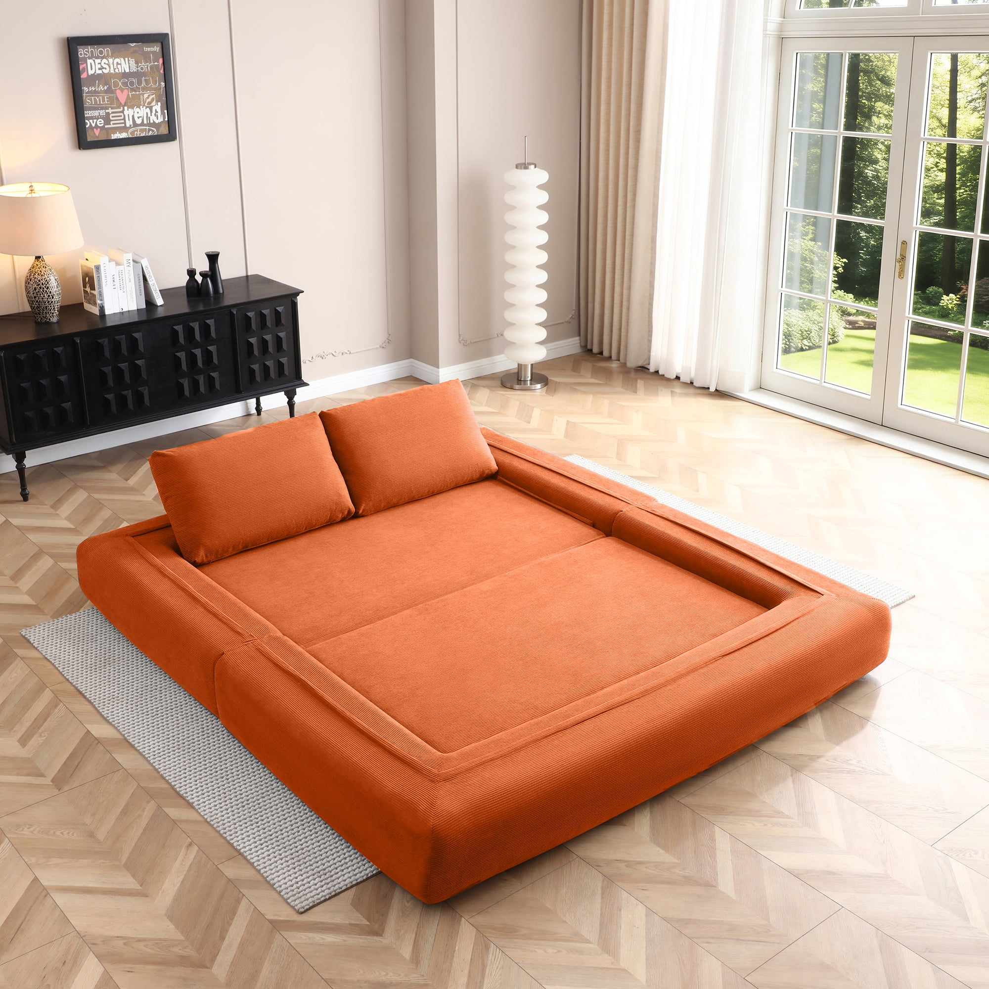 81-Inch Convertible Sofa Bed with Pillows, 3-in-1 Folding Floor Couch and Corduroy Futon Sleeper Mattress for Living Room and Bedroom, Orange