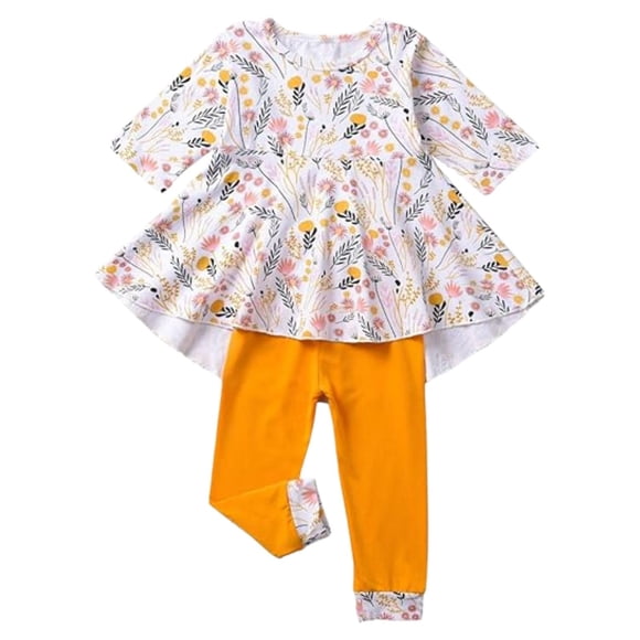 Fioukiay Conjunto De Ropa De Otoño Para Niñas Pequeñas Con Diseño Floral A Cuadros Y Túnica Alta+Polainas Trajes Boutique Ropa (Amarillo 5T)