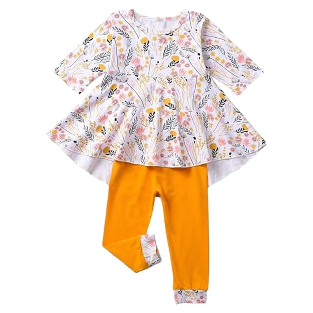 Fioukiay Conjunto De Ropa De Otoño Para Niñas Pequeñas Con Diseño Floral A Cuadros Y Túnica Alta+Polainas Trajes Boutique Ropa (Amarillo 2T)