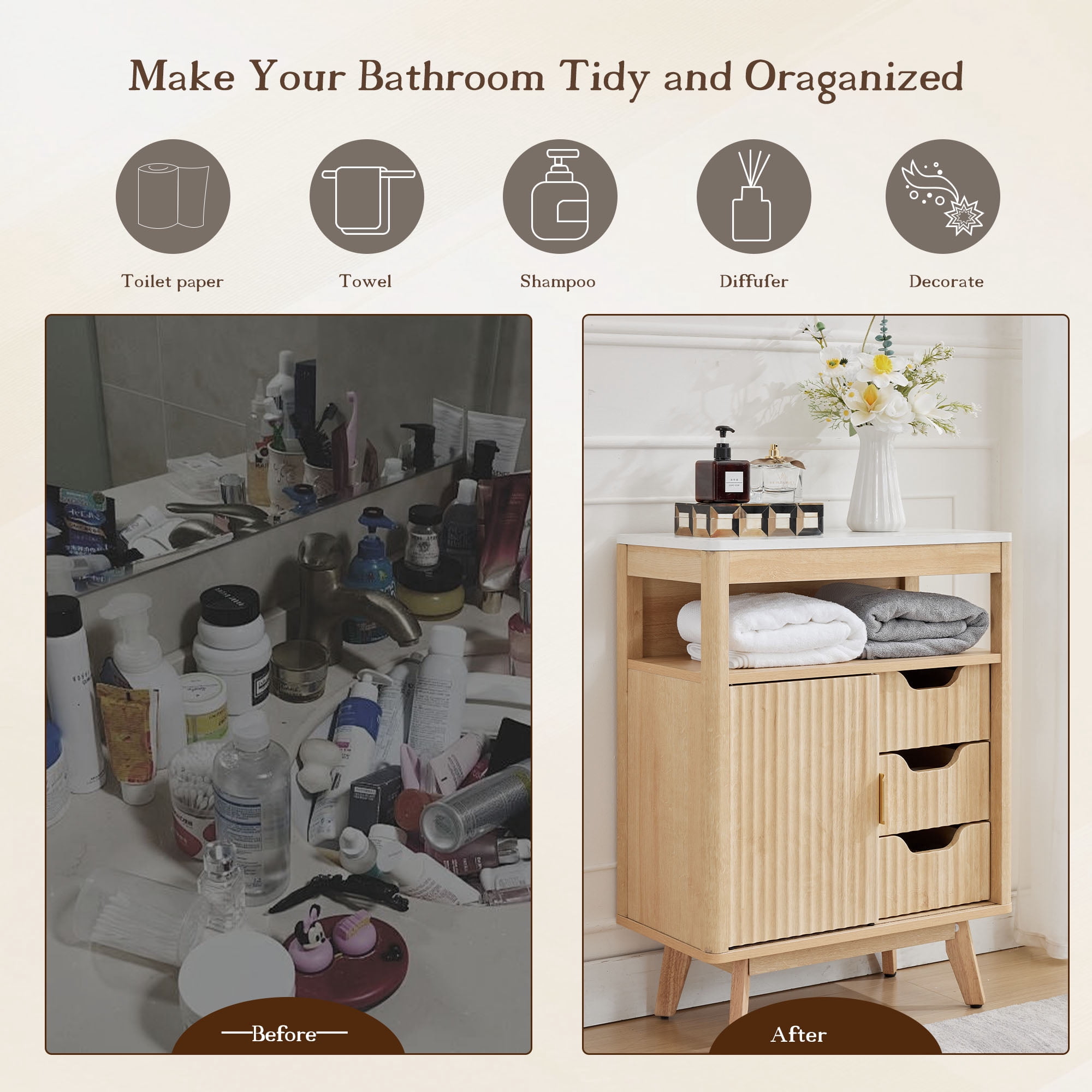 Magic Union Bathroom Storage Cabinet with Fluted Sliding Door, 3 Drawers Bathroom Floor Cabinet, Freestanding Storage Organizer w/Adjustable Shelf, Faux Marble Top, Curved Profile Design Natural Oak