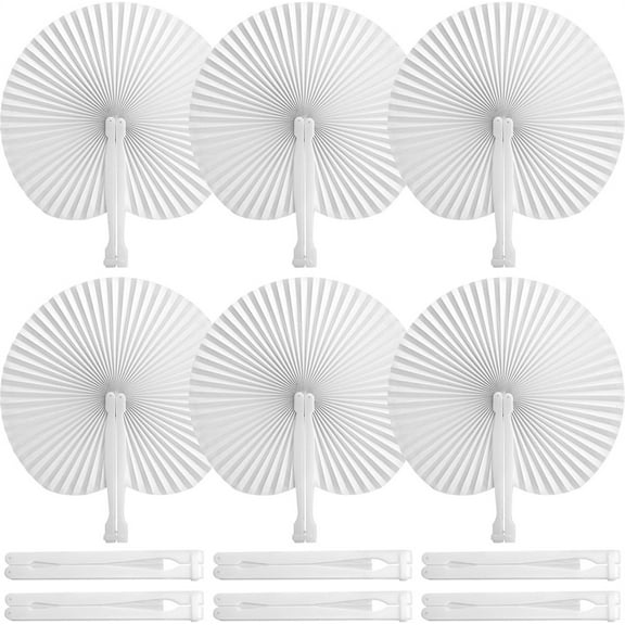 NOGIS 12 Packs Decorative Paper Folding Hand Fans Handheld,White Round Foldable Wedding Fans Chinese and Japanese Fans Bulk for Bridal Guest Church Party Favors Dancing Birthday DIY