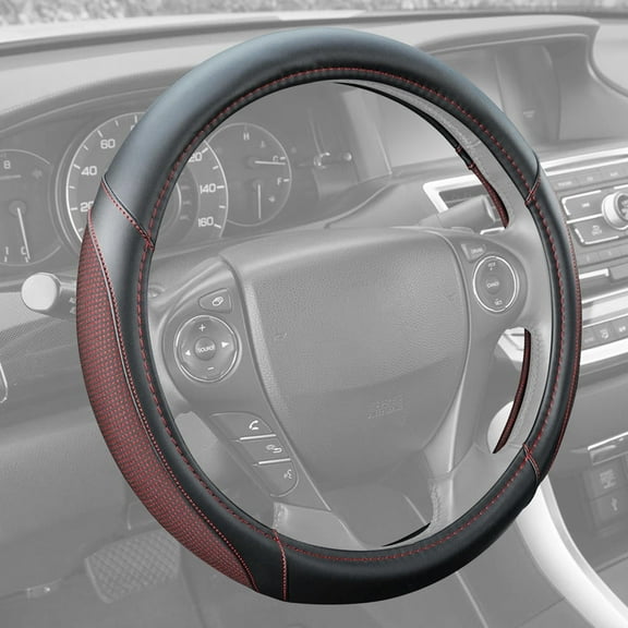 Motor Trend Black & Wine Steering Wheel Cover for Car SUV Van & Truck - Dotted Comfort Polyester Grip on Stitched Synthetic Leather (Standard Size 15 Inch)