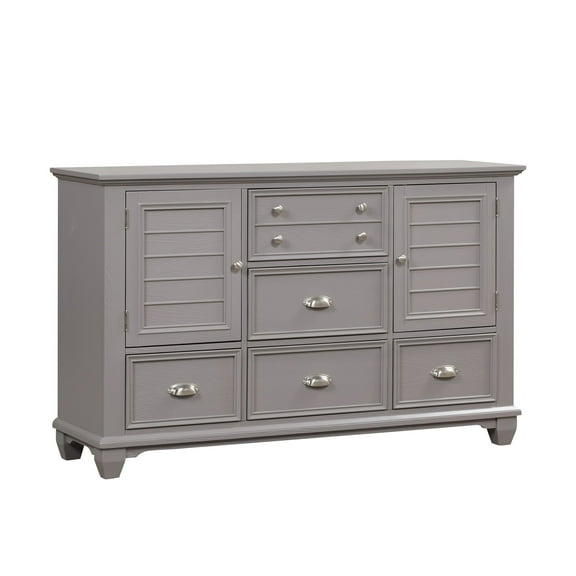Limi Dresser, 6 Drawers, 2 Door Cabinets, Light Gray Wood 61 Inch