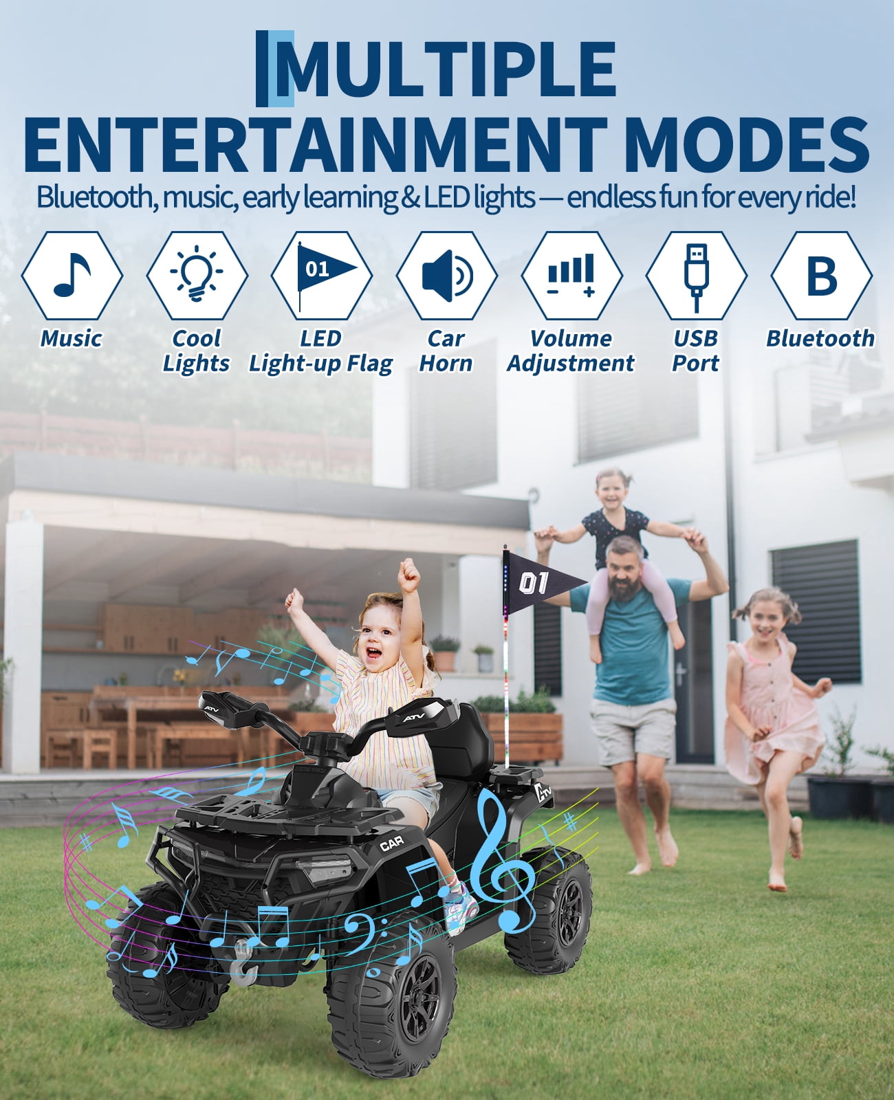 Roromall 12V Kids Ride on ATV Car w/Parent Remote Control, Spring Suspension, LED Lights, USB, Music, Volume Control, Off-Road 4 Wheeler w/LED Flag for Boys & Girls Ages 3+