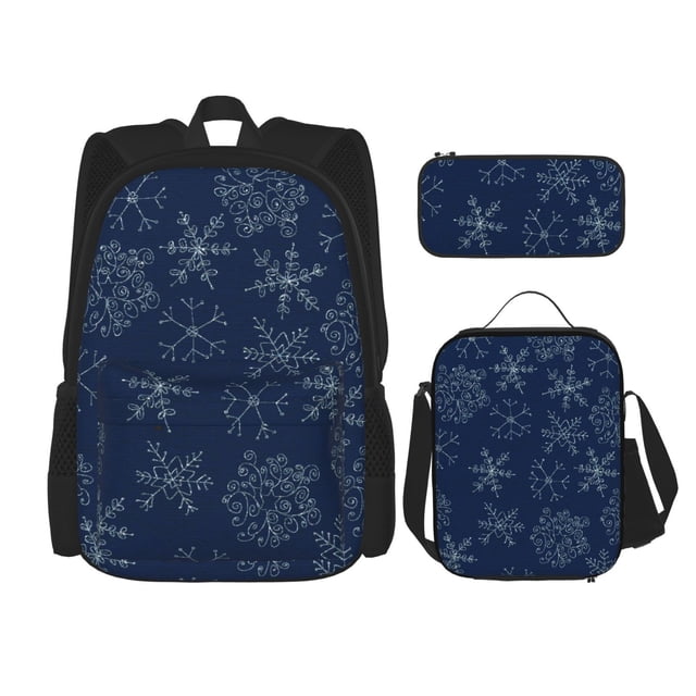 Easygdp Snowflake Dark Blue Mochila para Niños y Niñas con Set de Caja de Almuerzo y Estuche para Lápices 3 en 1, Mochila Escolar Estampada para Adolescentes
