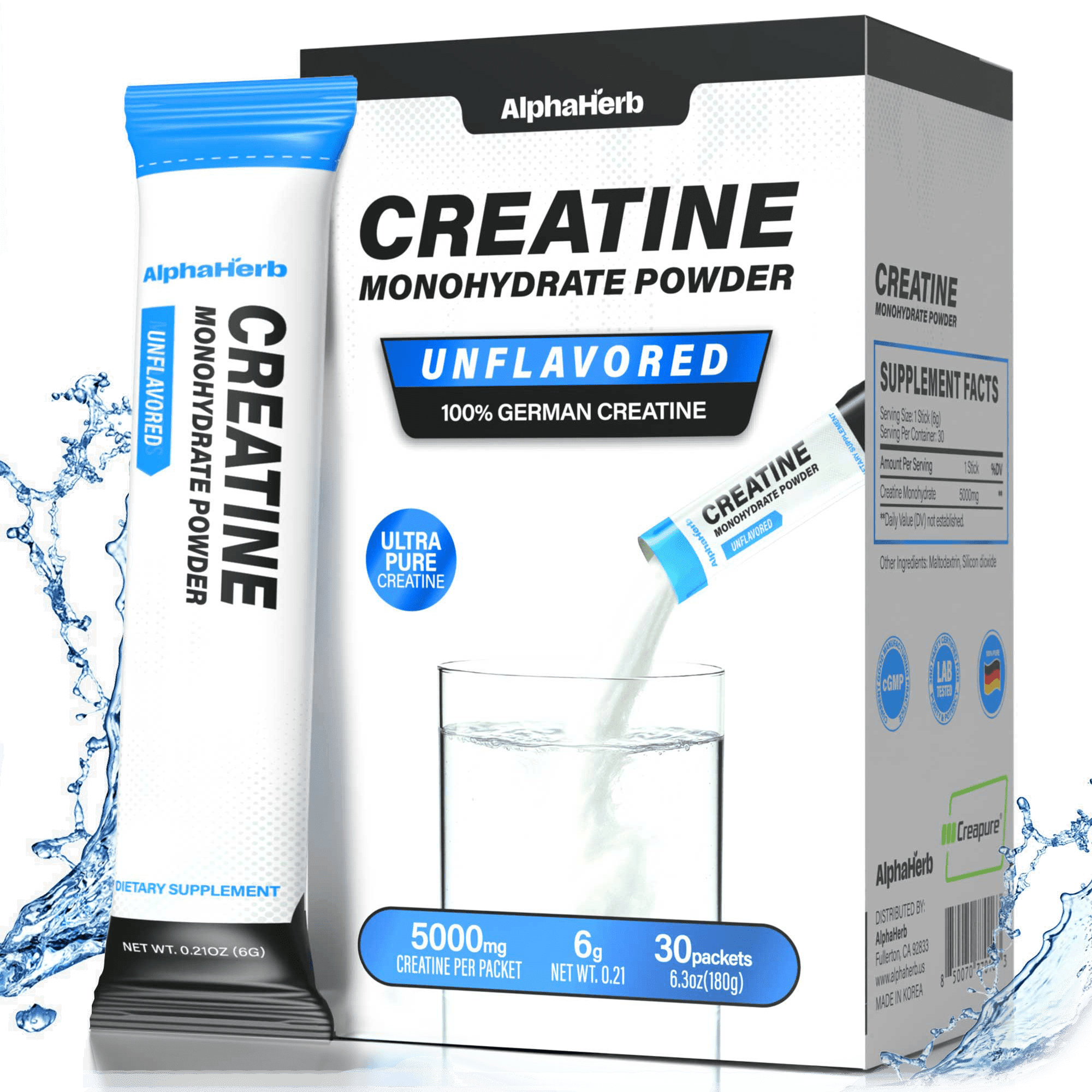 AlphaHerb Creatine Monohydrate Powder for Women 30 Stick 5000mg per Packet Unflavored