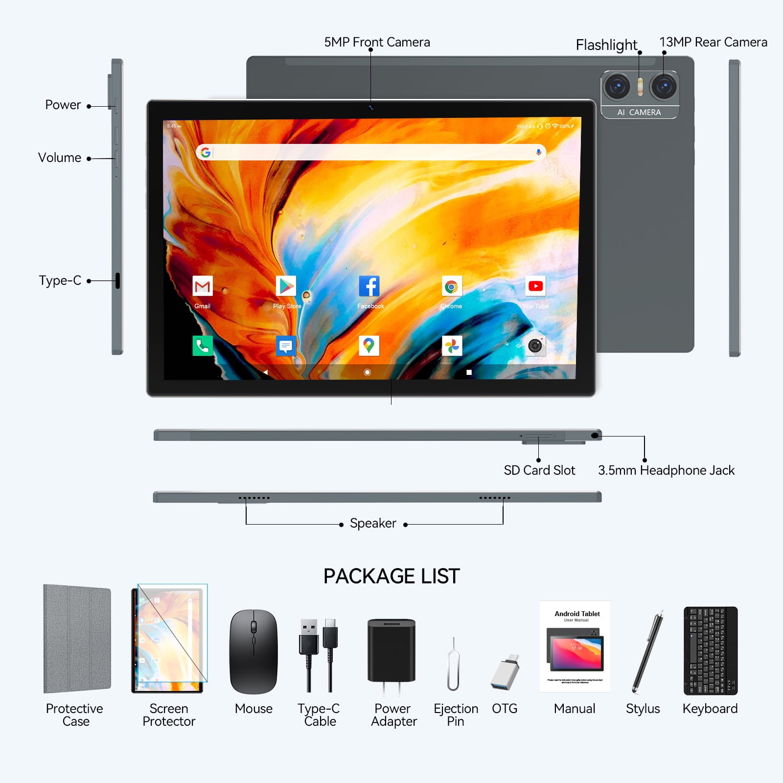 Tablet 10 Inch Android 15 Tablets,128GB ROM+24GB RAM,5G Wi-Fi Tableta PC,1TB Expand,Octa-Core,5G Wi-Fi,GPS,Bluetooth 5.0,Dual Camera,7000mAh,Split Screen,Face Unlock,2 in 1 Tablet with Keyboard