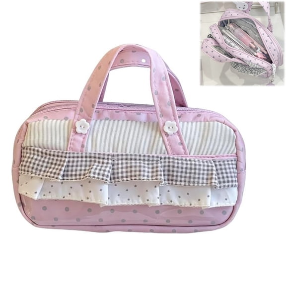 Cute Polka Dot Pencil Pouch, Kawaii Pencil Case with Handle, Pink Polka Dot Checkered Stripes Pattern Organizer, Exquisite and Compact for Woman
