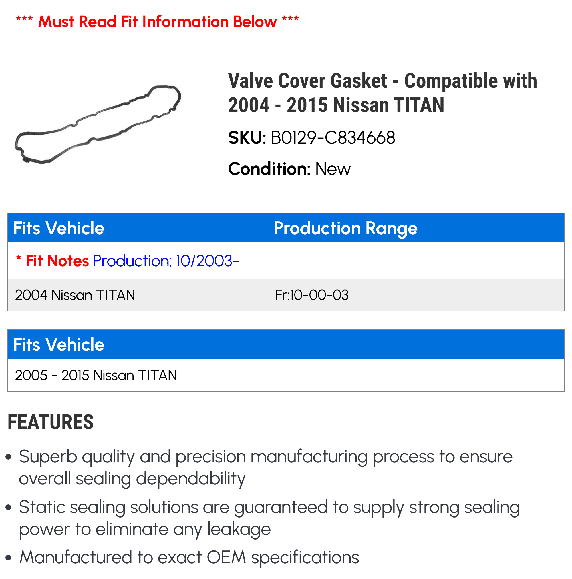 Valve Cover Gasket - Compatible with 2004 - 2015 Nissan TITAN 2005 2006 2007 2008 2009 2010 2011 2012 2013 2014