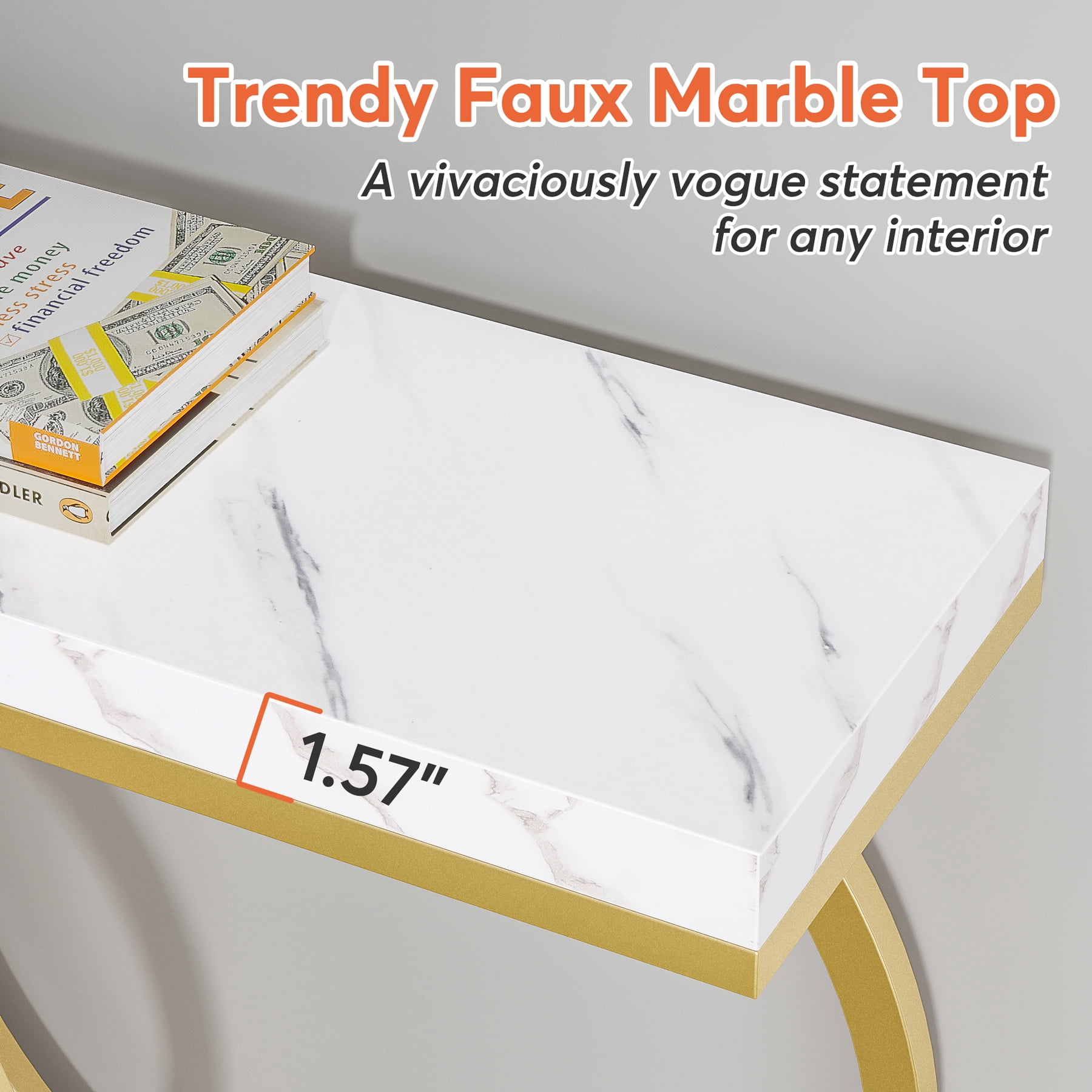 Fnova 55" Console Table, Modern Entryway Table with Geometric Metal Frame, Faux Marble Narrow Long Sofa Table for Living Room, Entrance, Hallway