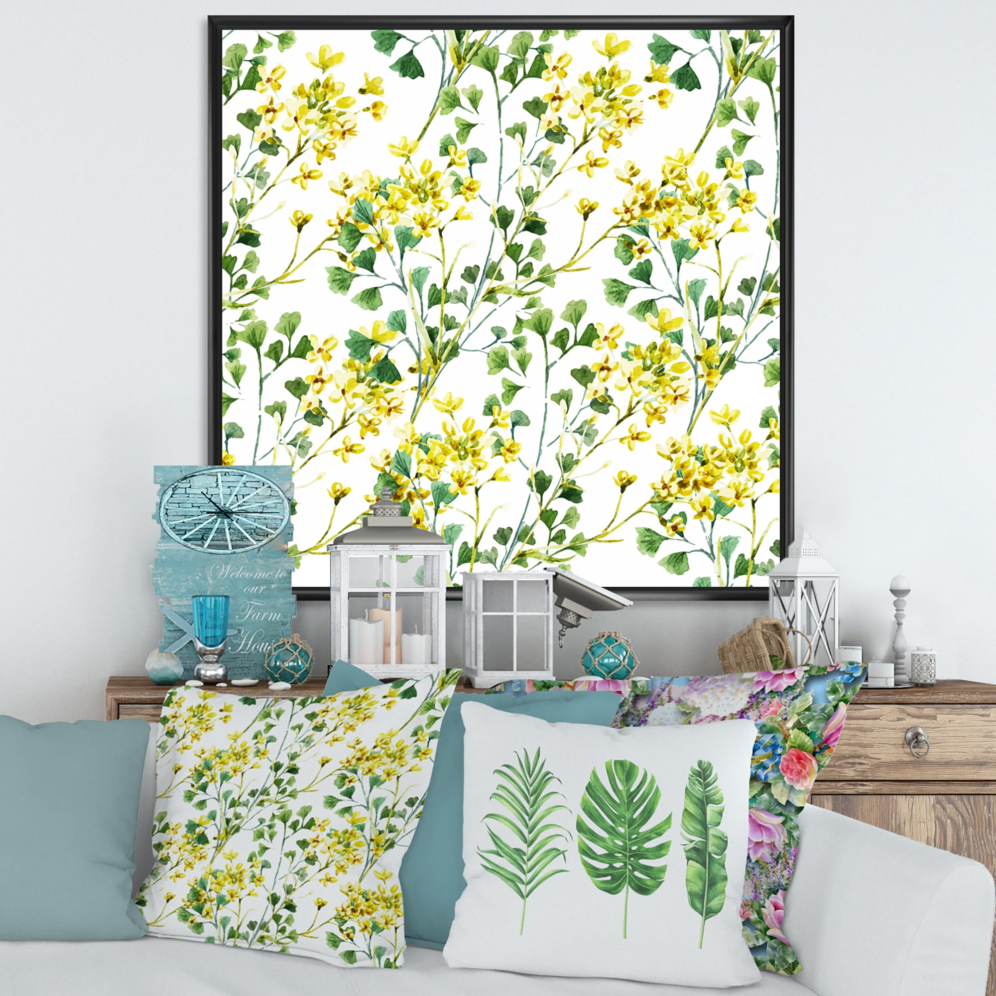 Designart 'Vibrant Yellow Summer Wildflowers On White' Traditional Framed Canvas Wall Art Print