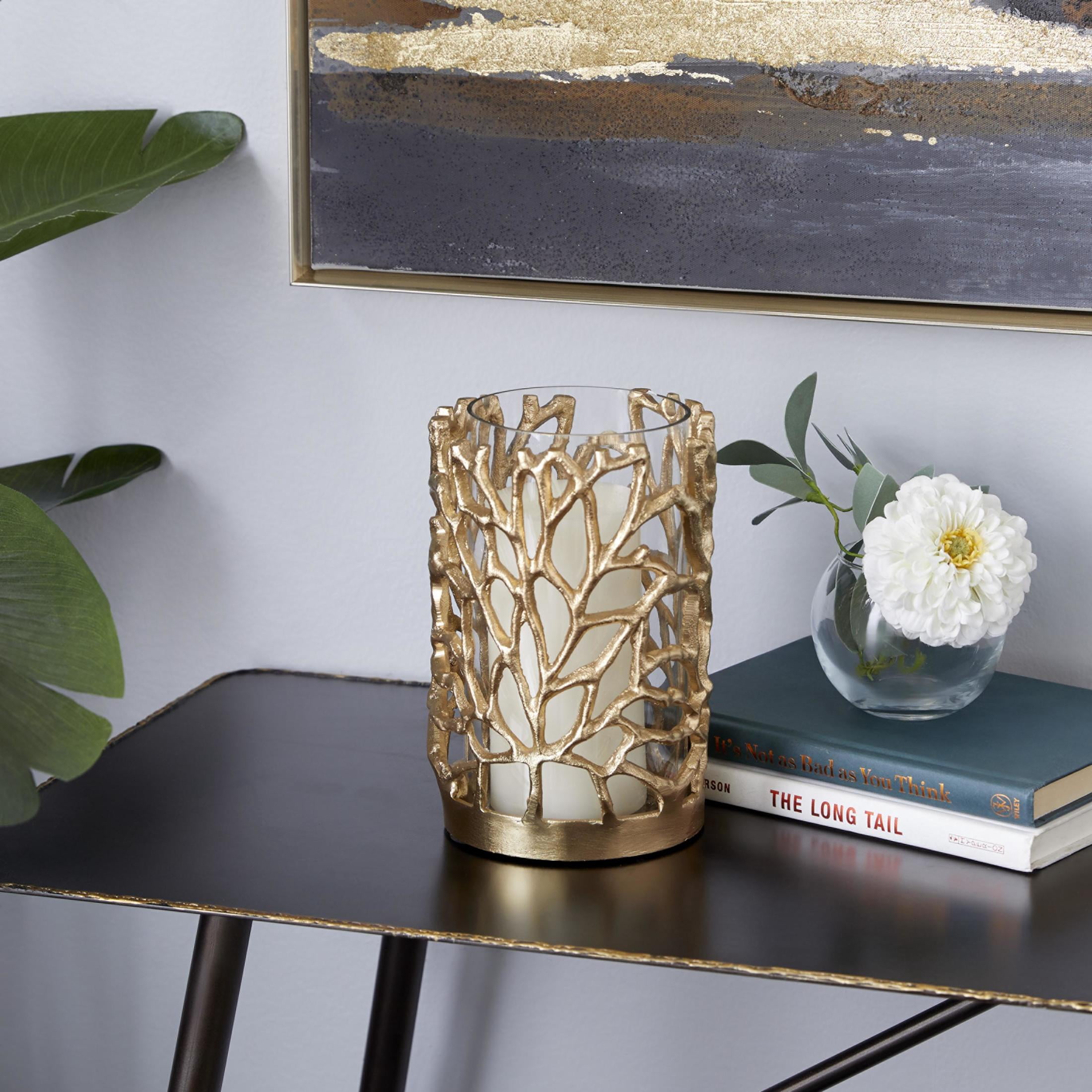 DecMode Gold Aluminum Metal Coral Decorative Candle Lantern