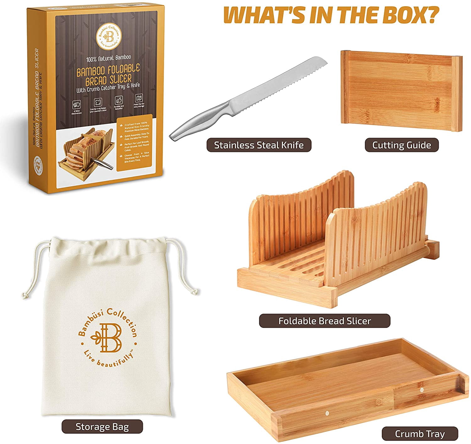 Bread Slicer with Knife, Foldable Bamboo Cutting Guide with Crumb Tray, 3 Thickness