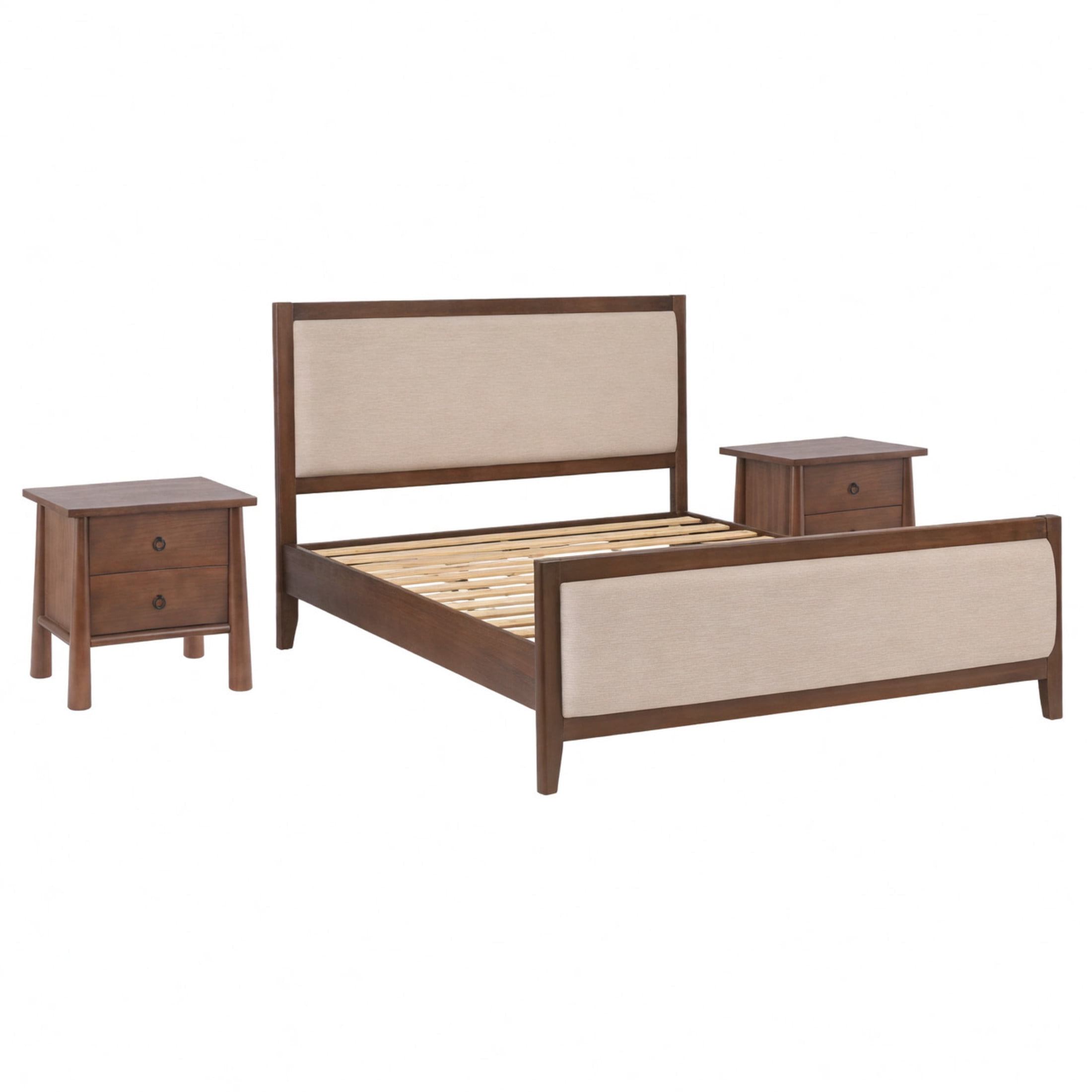 Christopher Knight Home King Upholstered Wooden Bed Frame with 2 Nightstands, Light Brown+Beige
