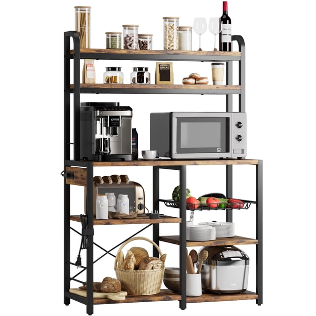 Cherish Baker’s Rack with Power Outlet - Industrial Microwave Stand & Kitchen Buffet Table, Rustic Brown