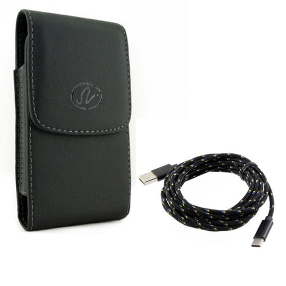 Black Vertical Leather Phone Case Cover Pouch Holder w Braided Black 10ft Long Type-C Cable Rapid Charge USB Wire Sync A7N for Motorola Moto Z2 Play Z Play Droid Force Droid G7 Power