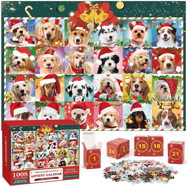 Advent Calendar 2024 Christmas Puzzle, Christmas Dogs Puzzle 1008 Piece Puzzle 24 Days Christmas Countdown