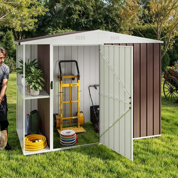 Uforic 8x4 FT Outdoor Metal Storage Shed with Shelves, Lockable Tool Cabinet for Garden (Brown)