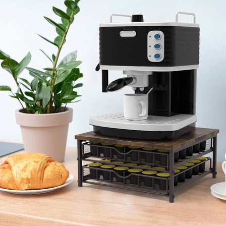 Coffee Pod Storage Drawer Holder, 72-Capacity Keurig Pod Organizer with Sliding Baskets & Wood Top for Coffee Station, Brown