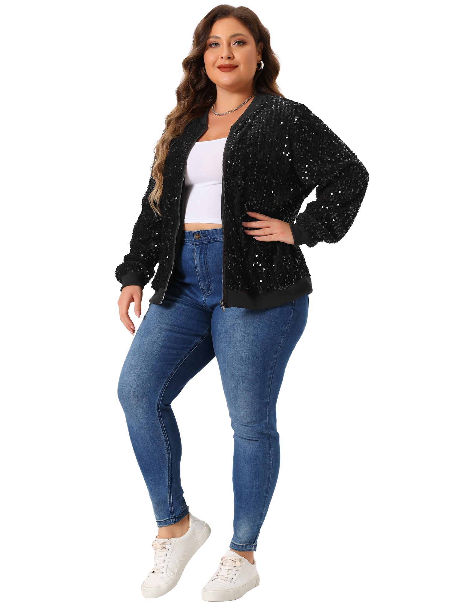 DARING DIVA Plus Size Sequin Sparkle Long Sleeve Front Zip Bomber Jacket 1X Black
