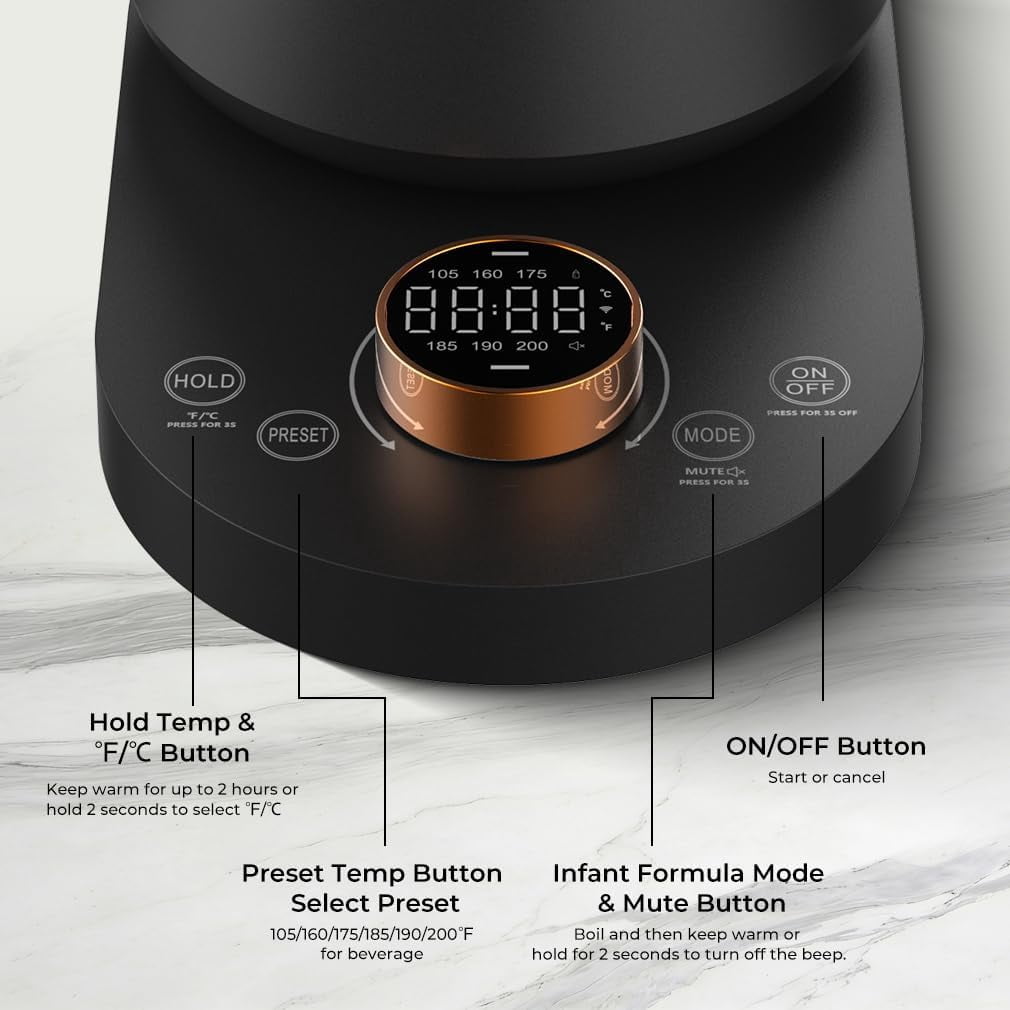 Gooseneck Electric Kettle with 7 Presets & ±1 ° F Precision Temperature Control, Pour Over Coffee & Tea Kettle, Hot Water Boiler, Stainless Steel Inner, 1000W/0.8L, Matte Black