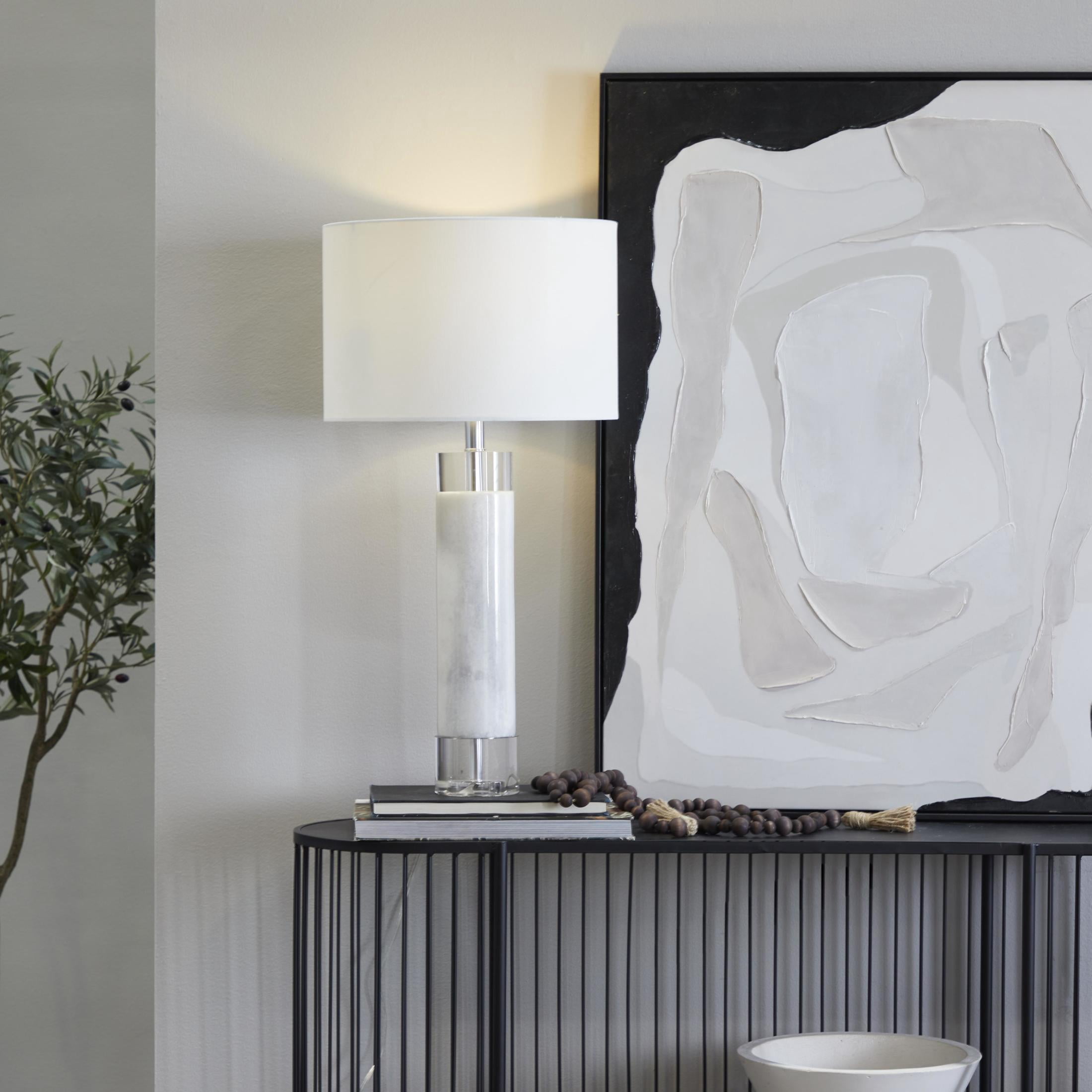 DecMode 29" Slender Stand White Table Lamp with White Cotton Shade
