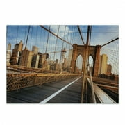 United States Cutting Board, Early Morning on Famous Brooklyn Bridge NYC Architecture, Decorative Tempered Glass Cutting and Serving Board, Small Size, Pale Brown Pale Blue, by Ambesonne