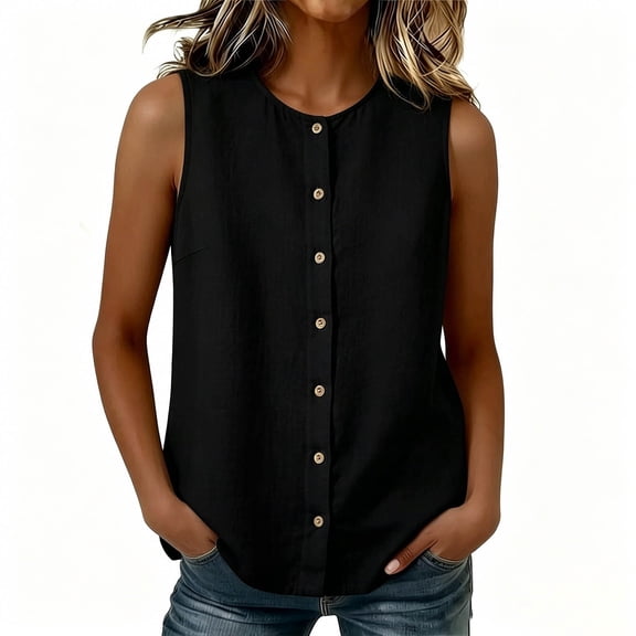 Dressy Linen Tank Tops for Women Button Down Loose Summer Versatile Sleeveless Blouses Business Casual Shirts