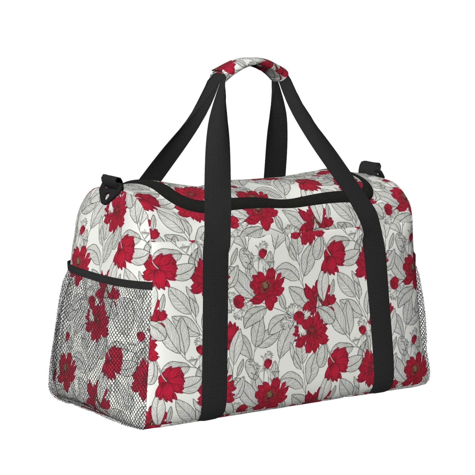 Fuzoiu Leaves And Anemone Flowers In Red Grey Print Travel Duffle Bag,Carry On Tote Bags,Duffel Bag,Sport Gym Bag, Hospital Bag for Labor and Delivery, Overnight Bag,Luggage Bag