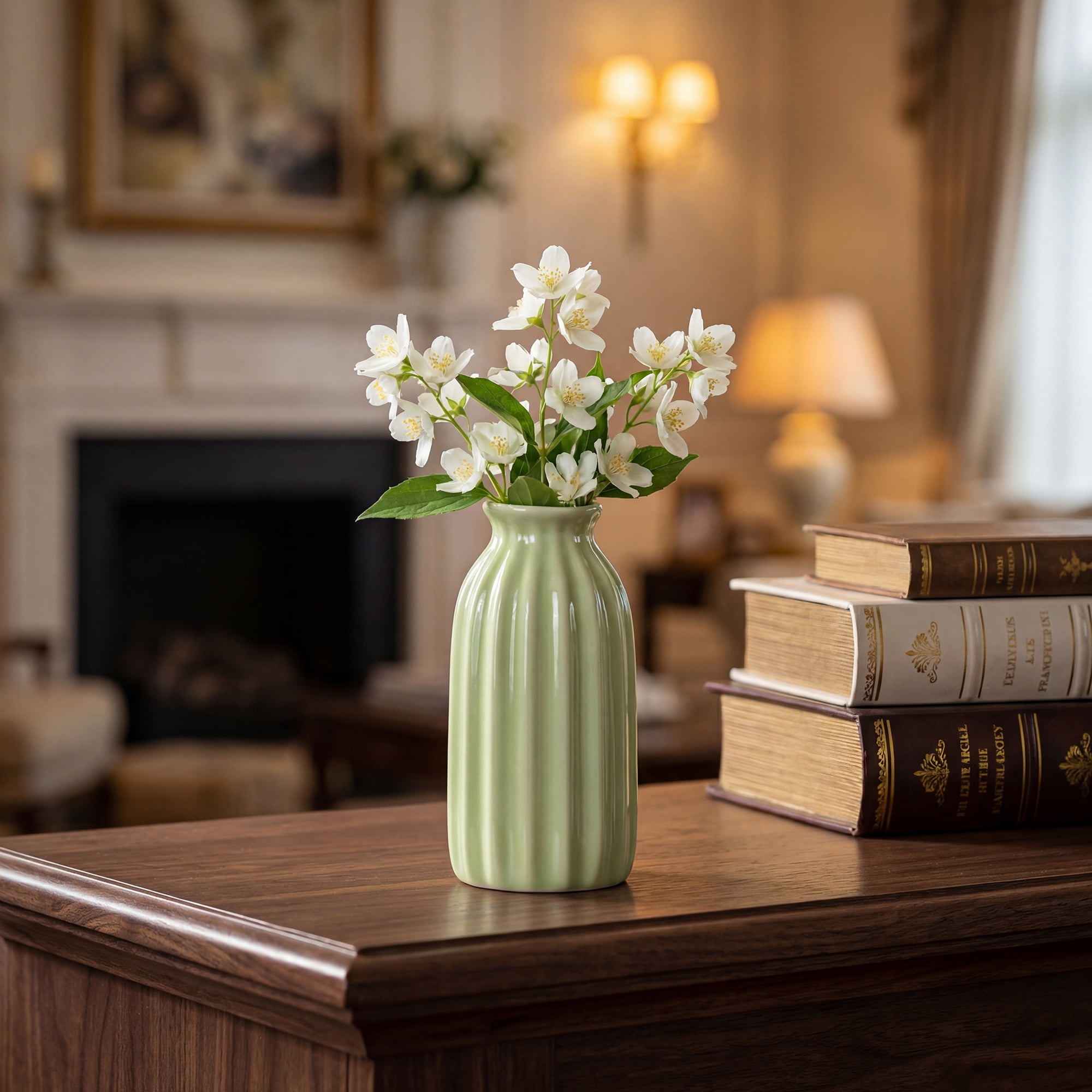 Unique Bargains Small Ceramic Vase Matte Ribbed Decorative Flower Vase for Bathroom Green