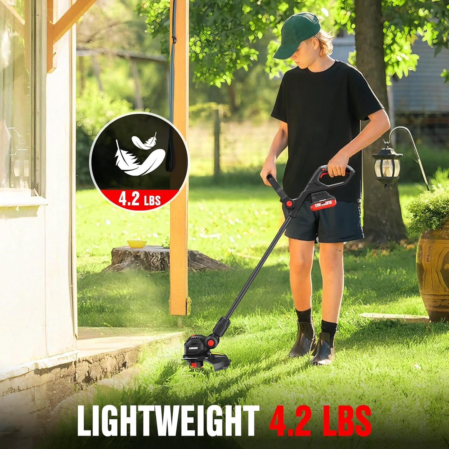 EWORK 20V Cordless Weed Wacker, 12-Inch Battery Powered Weed Eater Electric String Trimmer, Includes 2 x 2.0 Ah Batteries, Fast Charger and 6 Replacement Spool Lines, Grass Edger for Lawn Yard Cuttin