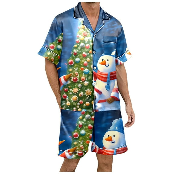 XDZJLR Men's Christmas Pajamas Xmas Fashion Printed Short Sleeved Shorts Button Up Set Pjs Mens Pajamas Blue L